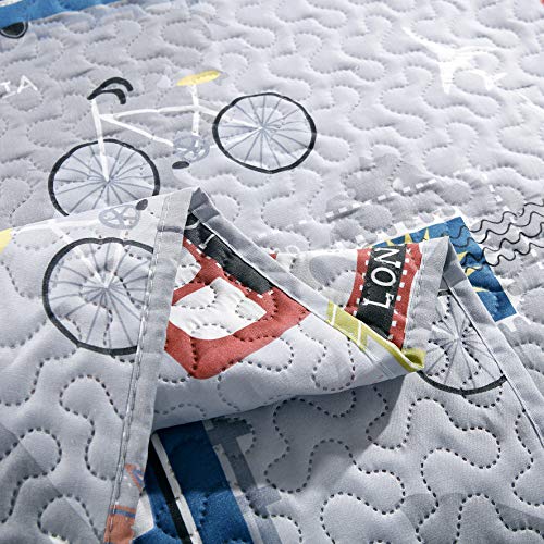 3-Piece Kid\'s Cartoon Public Transportations Quilted Bedspread Coverlet Twin(86x68 Inches),Car,Tax,Bus,Subway Printed Lightweight Quilt Set,Reversible Bedding Set for Boys Girls Children (Twin,Yellow)