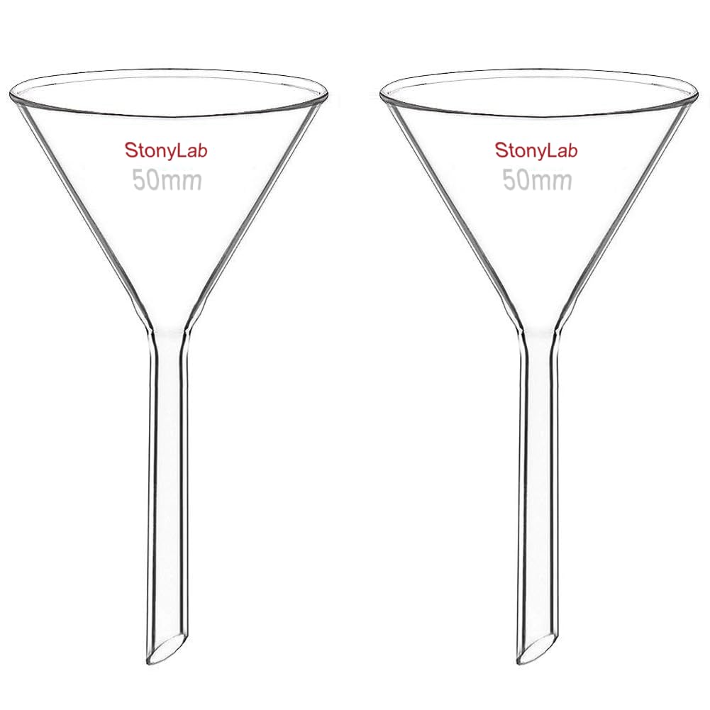 StonyLab 2-Pack Glass Heavy Wall Funnel Borosilicate Glass Funnel, Short Stem 50mm Diameter, 50mm Stem Length