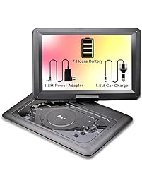 DR.J 14.1 inch 7 Hours Portable DVD Player, with Build-in Rechargeable Battery, 270°Swivel Screen, 1.8M Car charger and Power supplier, SD Card Slot and USB Port, Black (14.1")