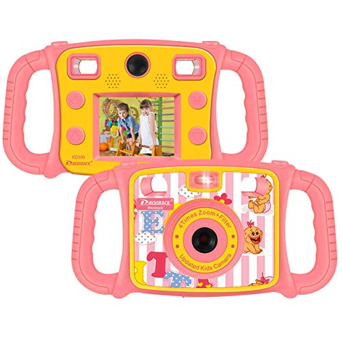 Prograce Kids Camera Dual Selfie Camera 1080P HD Video Recorder Digital Action Camera Camcorder for Boys Girls Gifts 2.0” LCD Screen with 4X Digital Zoom and Funny Game(Pink)