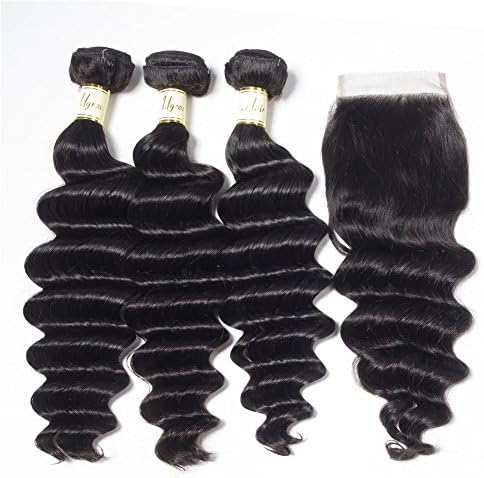 Ugrace Hair Loose Wave Bundles with Closure Brazilian Hair with Crochet Closure 4x4 Inch Soft and Bouncy Virgin Human Hair with Closure Natural Color Can Be Dyed and Bleached
