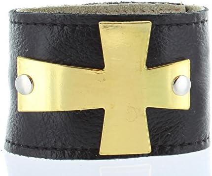 Charlie Biker Bracelet, Men or Womens Leather Bracelet with Secret Hidden Zipper Compartment, Approx 8-9" Adjustable, Black Leather with Gold Metal Cross.