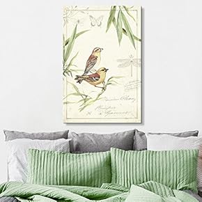 Canvas Wall Art - Vintage Style Birds on Plants Floral Background - Giclee Print Gallery Wrap Modern Home Art Ready to Hang - 12x18 inches