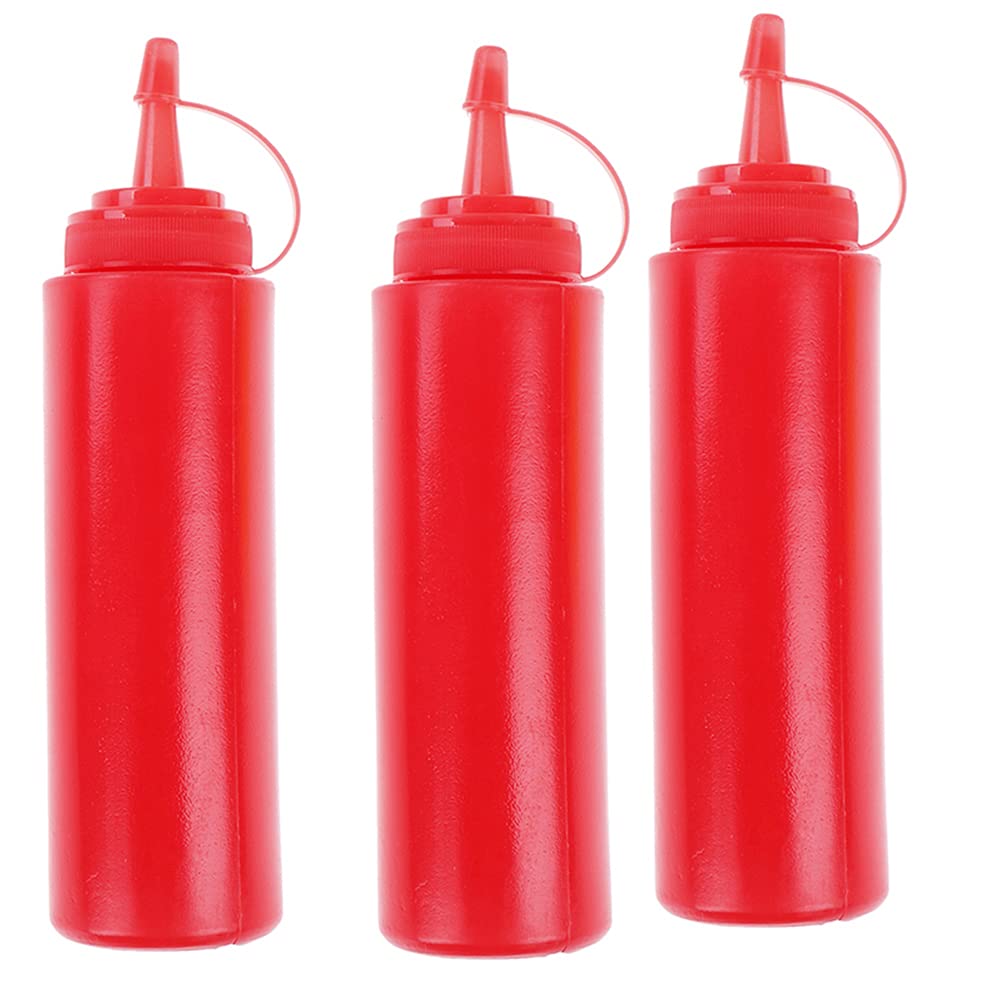 3 PCS Red Squeeze Sauce Bottle 13 oz Condiment Bottles Plastic Squeeze Dispensers with Caps Seasoning Storage Container Measurement Bottles