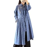 Cotton Linen Elegant Embroidery Women's Frog Button Lightweight Cardigan Long Trench Coat Outwears Loose Shirt Jacket, One Size, Light Blue