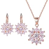 BAMOER 18K Rose Gold Plated Cubic Zirconia Snowflake Lever Back Earrings Necklace Set for Women Girls CZ Jewelry Set Rose Gold & White CZ