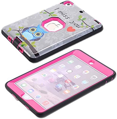 iPad Mini/Mini2/Mini3 Case, TONPVOU 3 Layer Sturdy Protection Shock Absorption Hybrid Plastic and TPU [ I Miss You Cute Owl ] Case Cover (Owl-Rose Red)