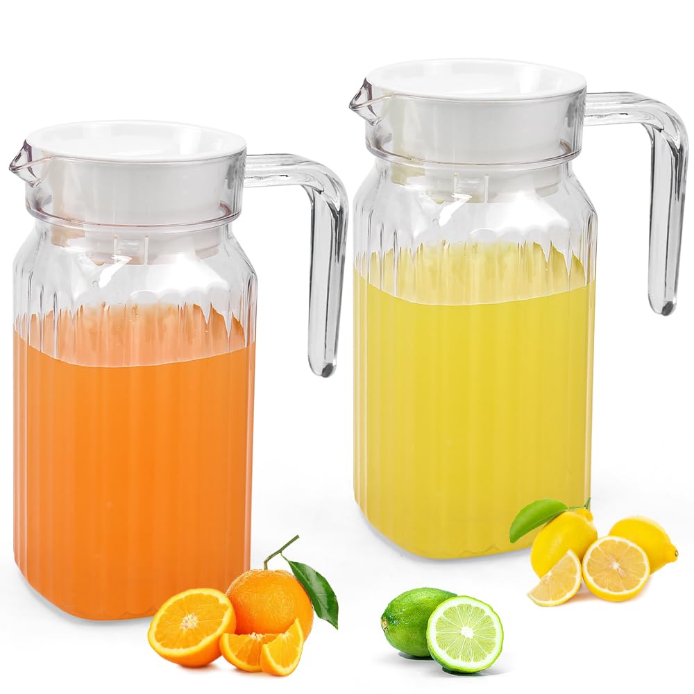 Plastic Pitcher with Lid and Handle, ADERTOS 2 Pack 600ml Striped Clear Water Pitcher Unbreakable Beverage Pitcher Transparent Juice Container Fridge Door Jug for Milk Juice Tea Lemonade (BPA-Free)