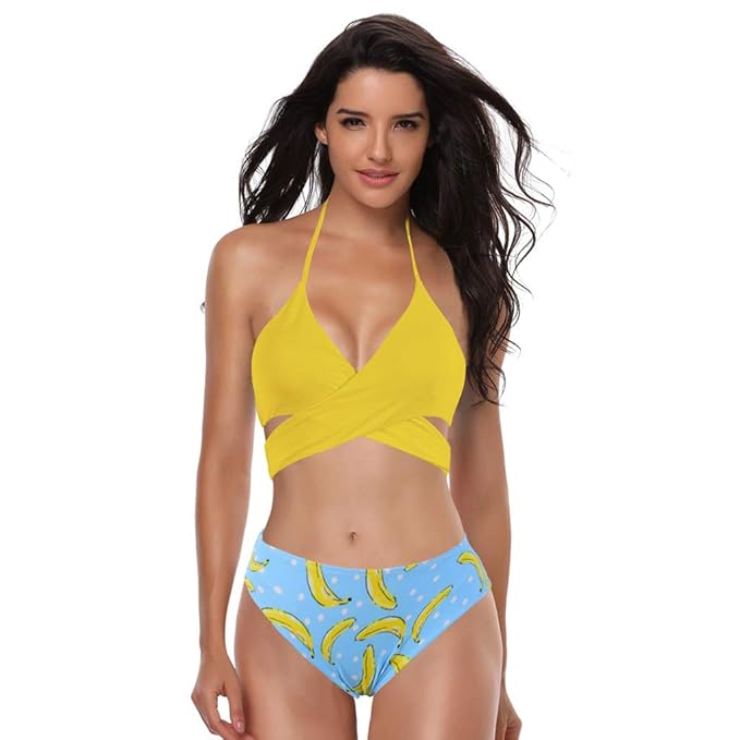 friendGG Frauen Gepolsterte Halfter Sexy Lace-Up Ananas Druck Strandanzug Bikini Bademode Frauen Split Tie Badeanzug Zweiteil