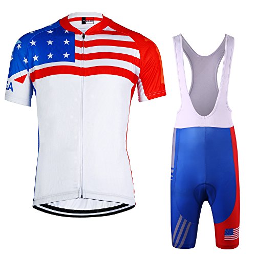 Yianerm Men Cycling Clothes Short Sleeve Bike Clothes (X-Large, White Bib Set Flag)