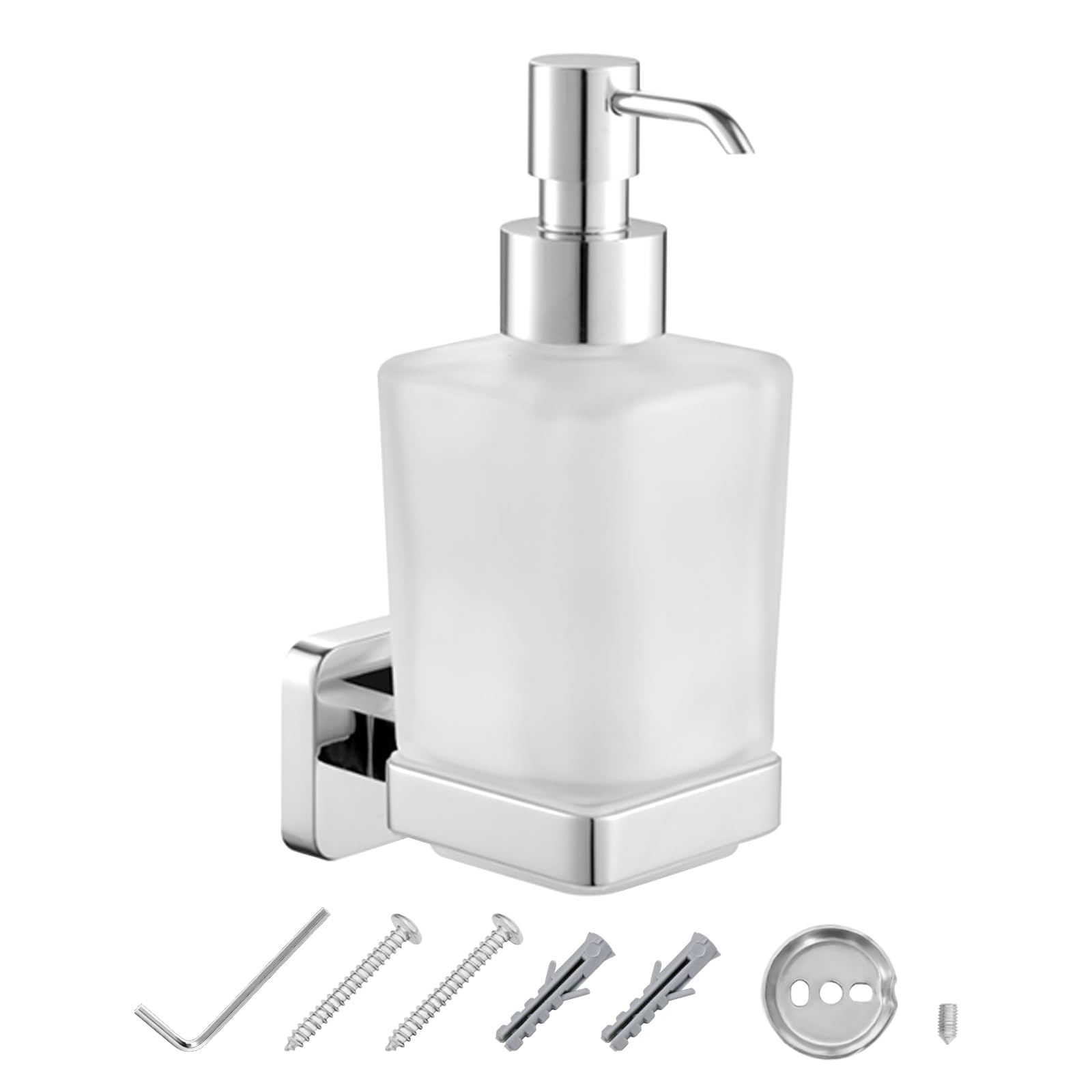 JASSFERRY Wall Mounted Soap Dispenser and Square Holder Frosted Glass Lotion Dispenser Set Chrome