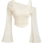 BEAUDRM Women's Y2K Off The Shoulder Tops Long Bell Sleeve Mesh Shirt Ruched Crop Top Rave Clubwear