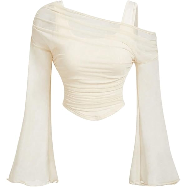 Floerns Women's Contrast Mesh Bell Long Sleeve Asymmetrical Neck 2