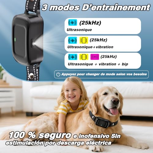 Collier Anti Aboiement Chien, Automatique Collier de Dressage pour Détection Intelligente des Aboiements, Ultrasons/Bip/Vibration, Imperméable IPX7, Rechargeable Anti Aboiement Chien Petit Moyen Grand