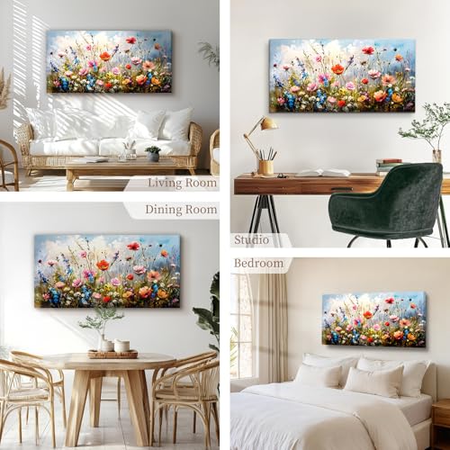 hyidecorart Large Modern Living Room Decoration Paintings, 59 x 119 cm, XXL Decorative Canvas, Wall, Bedroom, Decorative Wall Sheets, Blue Sky and Sea of Flowers, Wall Art Dining Room Office Hallway Bathroom