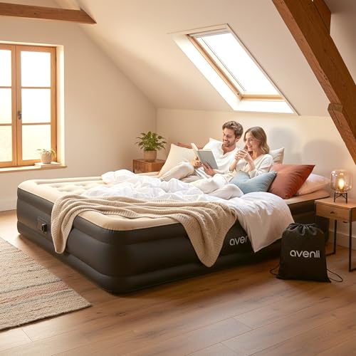 AVENLI Matelas Gonflable 2 Personnes 203x157x47 cm, Lit Gonflable Autogonflant Double avec Pompe Électrique Intégrée, Matelas pour Camping & Lit d'Appoint, Coil-Beam, Beige