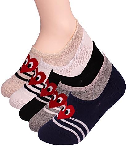 Womens Basic 3 to 8 Pack Casual Fashion No Show Liner silicon Fake Peds Foot Socks Non Slip (A-Heart 5 Pairs)