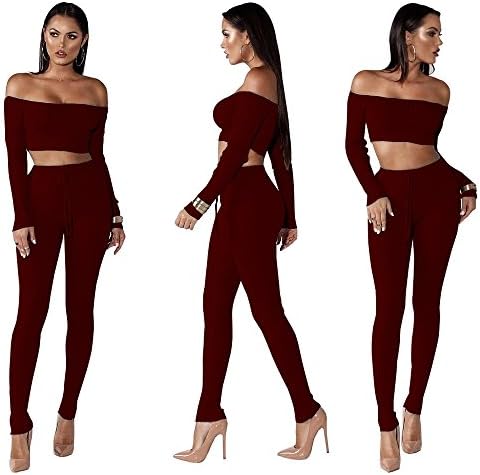 Womens Tracksuit,Clearance Knit Off Shoulder Long Sleeve Two Piece Tracksuit Outfits Sexy Jumpsuits Sweatsuit Set Jinjiums