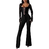 SHIPPOOOU Women Sexy Lace Patchwork Jumpsuits Hollow Out Flare Pants One Piece Romper Club Outfits