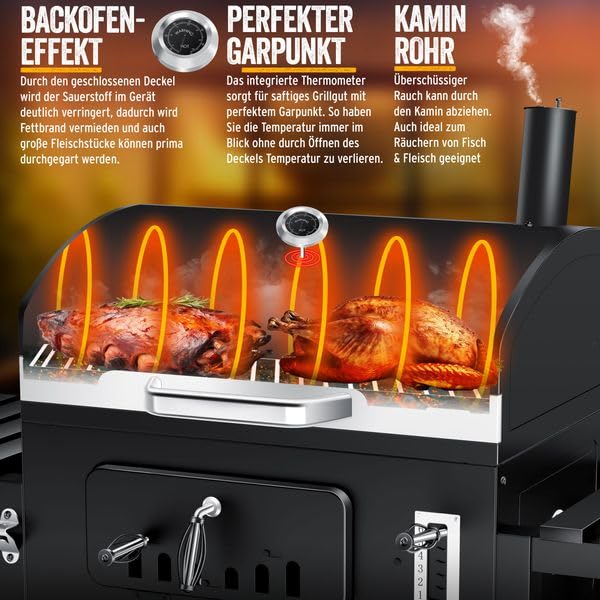KESSER® Grillwagen BBQ Smoker XXL Holzkohlegrill mit Deckel, Rädern, Edelstahl-Griff, Thermometer, Grillrost, Bürste, Abdeckhaube & Silikon-Pinsel, Standgrill, Kohlegrillwagen 2