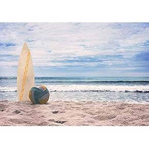 Surfboard and Ball on Empty Beach Against Blue Sky and Turquoise Ocean. Summer. - Removable Wall Mural | Self-Adhesive Large Wallpaper - 66x96 inches