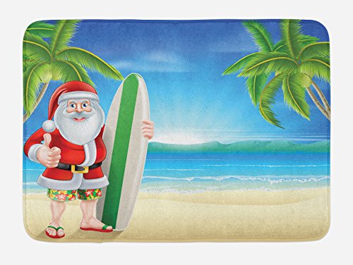 Ambesonne Christmas Bath Mat, Santa Claus with Trunks on The Beach and Surfboard Sunny Hot Christmas Theme, Plush Bathroom Decor Mat with Non Slip Backing, 29.5" X 17.5", Green Blue