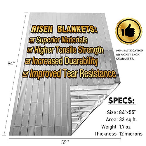 RISEN Emergency Foil Mylar Thermal Blankets (8 Pack) - Retains 90% of Body Heat, High Reflective Space Safety Blanket - Ideal Supply for Survival, Outdoors, Camping, Hiking, Marathons or First Aid