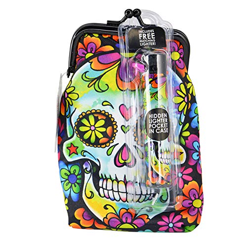 Soft Cigarette Pouch Lighter Case with Snap Clasp Closure, Includes Free Lighter – Skull with Flowers