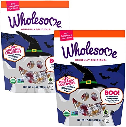 Organic Halloween Lollipops In Ghost and Skull Shapes. Naturally Flavored and Fair Trade. Peanut, Tree Nut and Gluten Free. Bulk Value Pack Of 60.