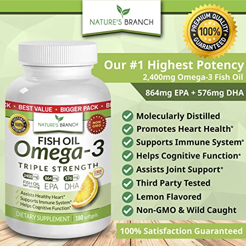 Best Triple Strength Omega 3 Fish Oil Pills 180 Capsules 2400mg High Potency Burpless Lemon