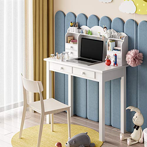 ADORNEVE Small White Writing Desk with Hutch and USB Ports, 31.5 inch Home Office Desk with