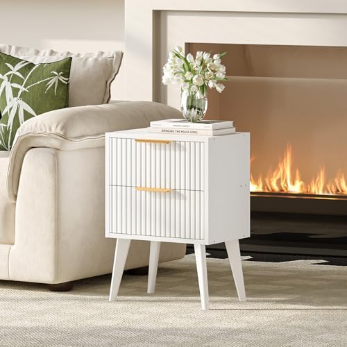 Fluted Nightstand with 2 Drawers,Modern Bedside Table with Metal Handles,White Side Table with Solid Wood Legs,Mid Century End Table for Living Room,Bedroom,White CAACTG55W