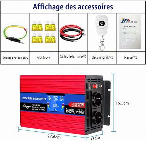 ETREPOW 1000 W/2000 W Pure Sine Converter 12 V 220 V/230 V Transformer – 2 EU AC Power Socket, 1 USB Port, Wireless Remote Control and LCD Screen, for Car, Camping, Travel