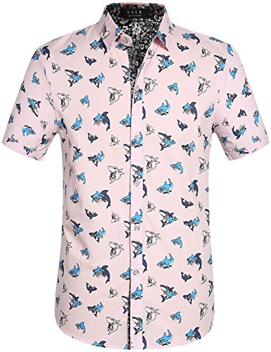 SSLR Men's Shark Prints Casual Button Down Short Sleeve Shirts (X-Large, Pink)