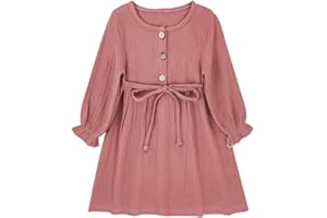 GLIGLITTR Toddler Baby Girl Cotton Linen Dress Long Sleeve Crew Neck Dresses Button Down Dresses Casual Spring Fall Dress