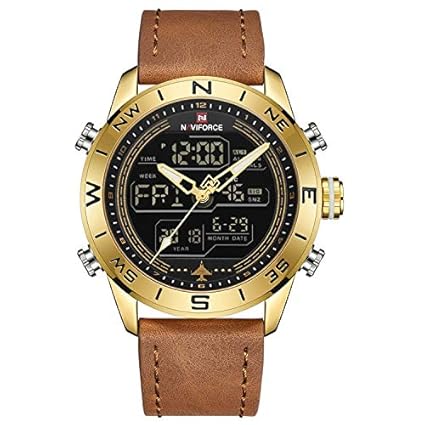NAVIFORCE Genuine Leather Chronograph Analog Digital Wristwatch for Men - Black Golden + Kids Sport Watch