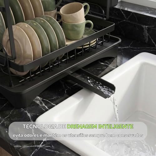 Escorredor de Louça Aço Inox 2 Andares Moderno com Drenagem Automática, Porta Talheres e Bandeja Coletora, Organizador de Pia para Pratos Copos e Utensílios, Resistente e Compacto