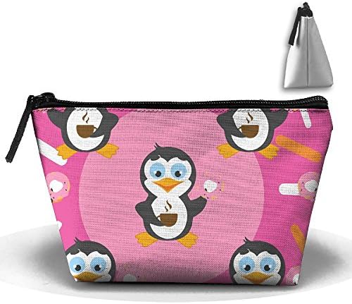 Funny Penguin Drinking Coffee Donut Cosmetic Makeup Bag Handy Purse Makeup Pouch Clutch Organizer Travel Storage Bag