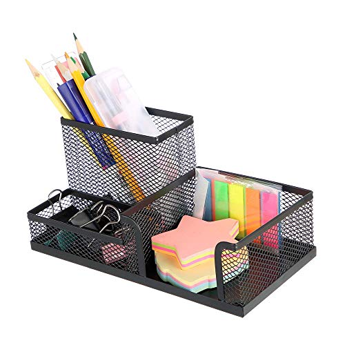 Lakeer Mesh Pen Stand/Pen Holder 3 Compartments Pencil Container (Pack of 1) Multipurpose Metal Hollow Out Desktop Storage Organizer for Student Stationery Office Supplies(Black)