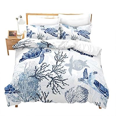 Turtle Bedding Set Queen Nautical Coastal Bedding,White Blue Sea Turtle Comforter Cover for Kids Boys Girls,Reptile… 51Er%2BhzaaSL