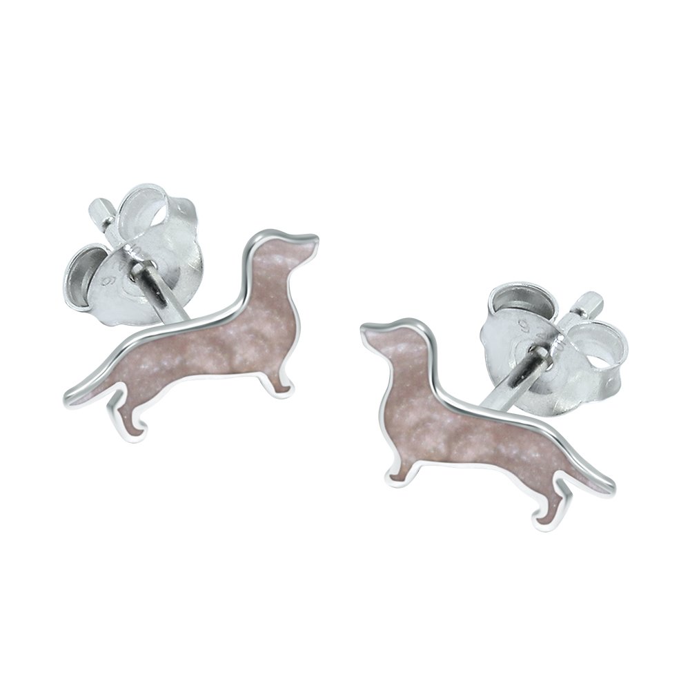 Sausage Dog Dachshund Earrings Pink Pearlescent .925 Sterling Silver