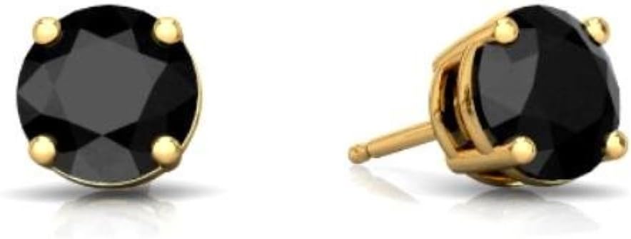 4mm Genuine Black Onyx Round Stud Earrings 14Kt Yellow Gold & Sterling Silver
