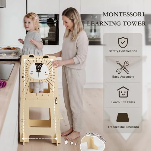 labebe Montessori Tower Kids (98cm Height), Large Size Wooden Folding Montessori Tower, 3 in 1 Kids Desk and Chair Set Transformable with Chalkboard