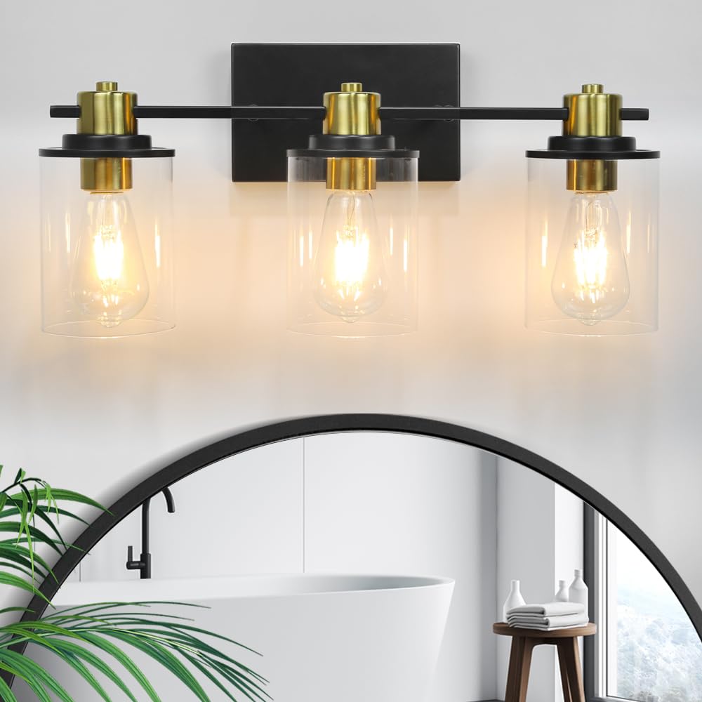 Photo 1 of CANMEIJIA 3-Light Bathroom Light Fixtures Over Mirror, Black and Gold Bathroom Vanity Lights, Modern Wall Sconces Lighting with Clear Glass Shade, E26 Base, Bulbs Not Included