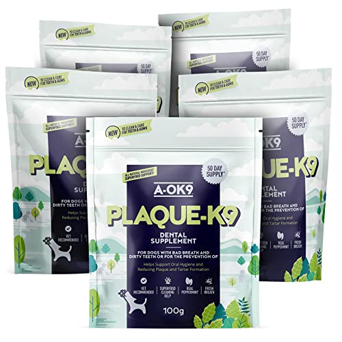 A-OK9 Plaque-K9 | 5x100g Multipack | Dental Care Supplement for Dogs | Remove Plaque, Bad Breath & Tartar | Oral Hygiene | Natural Ingredients & Superfoods | Mix with Dog or Puppy Food | Absolute Dogs
