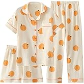 codcm Womens 3pcs Cotton Pajamas Set Short Sleeve Sleepwear Fruit Print Cute Pj Set with Long Pants