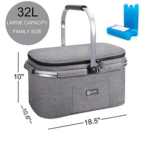 ALLCAMP Lightweight Picnic Basket Collapsible Insulated Cooler Bag for 4 Person 32L Extra Large Family Size with 2 Ice Packs(Light Gray)