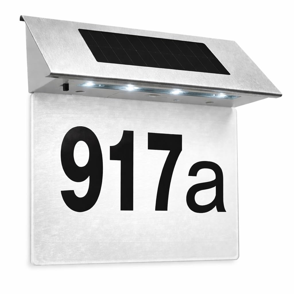 MONZANA® Solar LED House Number Sign Transparent Panel - Illuminated Stainless Steel Door Number Plaque, IP55 Waterproof Outdoor Wall Light with Automatic Sensor