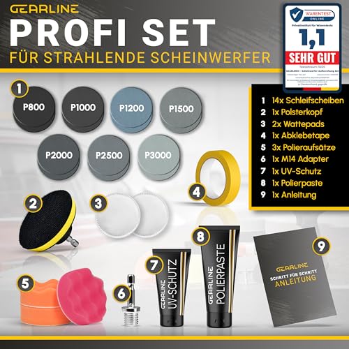 GEARLINE Headlight Treatment Set [24 Pieces] - Polishing Set for Matte and Blind Headlights - Includes UV Protection, Polishing Paste, Adapter and 14 Sanding Discs - Car Polishing Set for Preparation