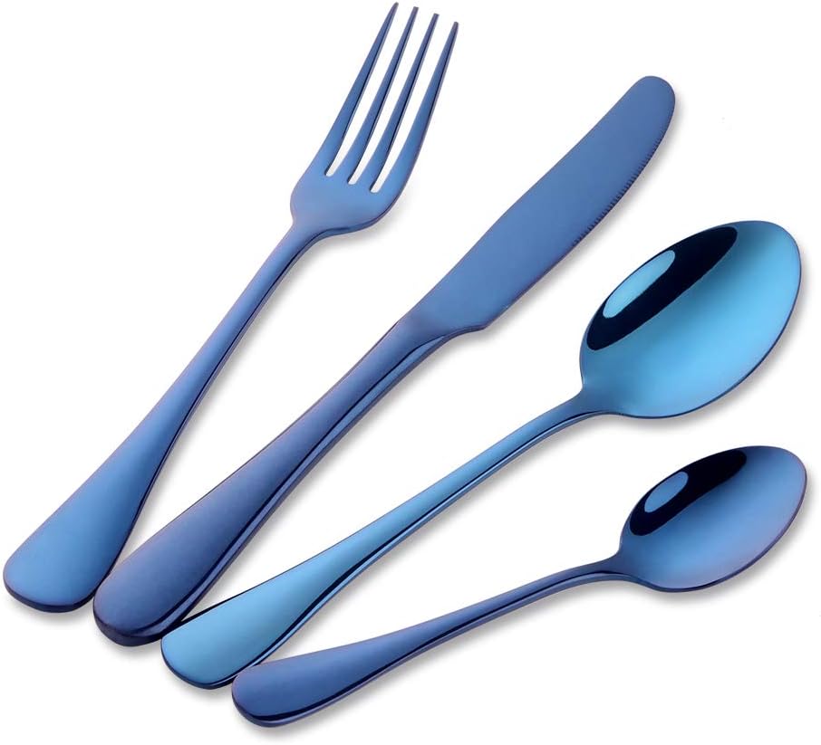 Buyer Star 4pcs Blue Stainless Steel Cutlery Set, 304 18/10 Flatware Dinnerware Utensil Kit, Table Knife Fork Dessert Spoon Teaspoon